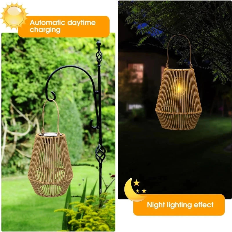 Wicker outdoor lanterns with daytime and night lighting effects on a garden and outdoor setting.