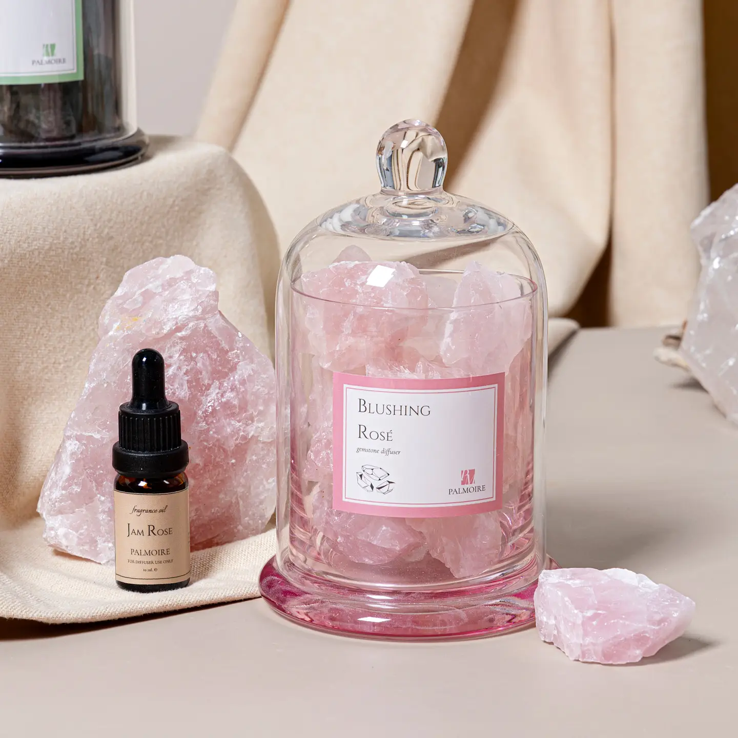Blushing Rosé diffuser set with rose quartz crystals and essential oil