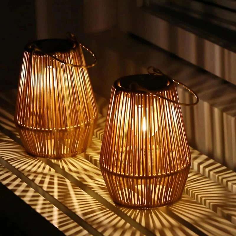 Set of handcrafted solar lanterns on a window ledge