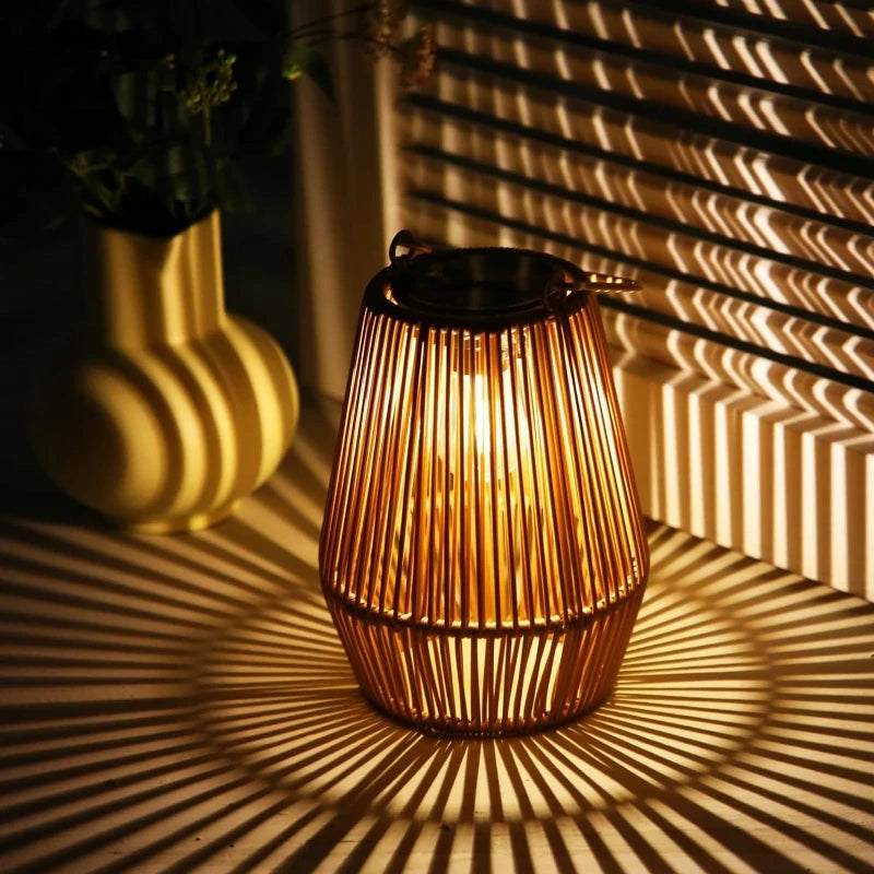 Warm LED light inside rattan lantern with dramatic shadow projection