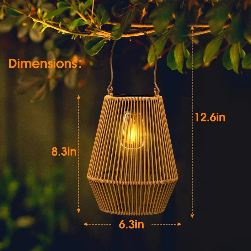 Woven lantern with dimensions labeled against a dark background