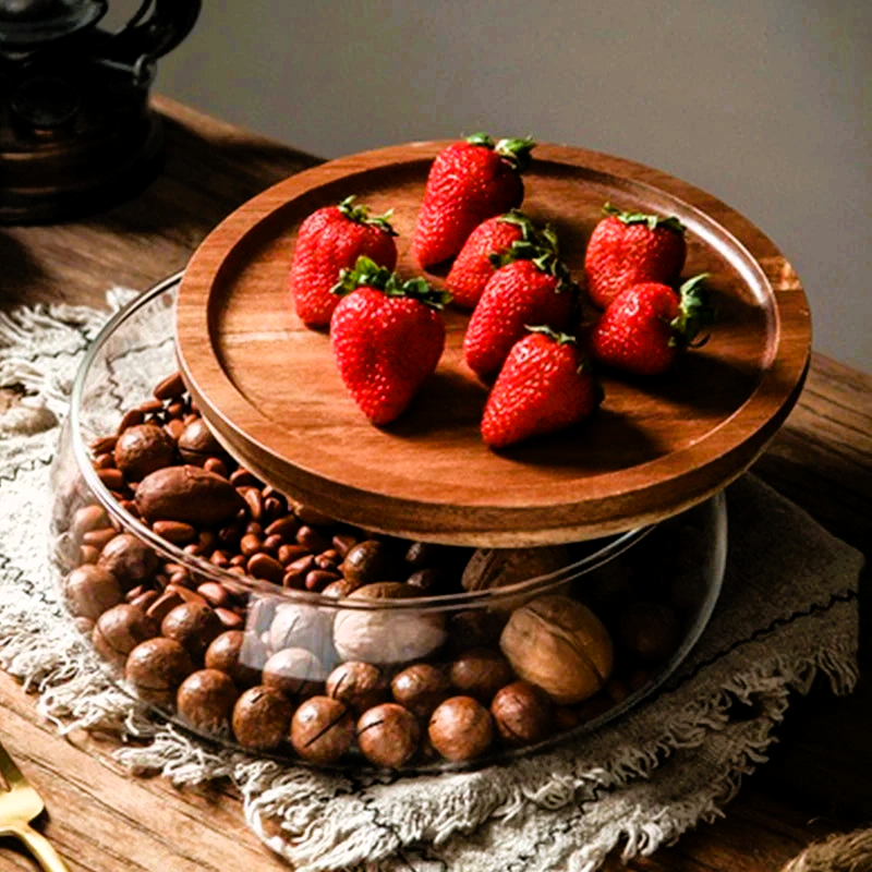 Large acacia wood and glass storage container with strawberries – 21 cm