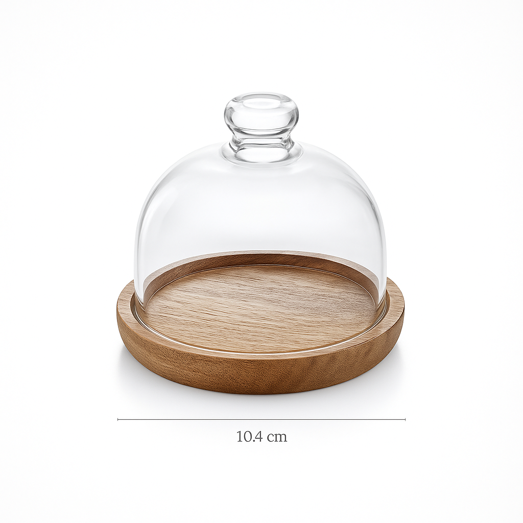 Small borosilicate glass storage dome with acacia wood base – 10 cm