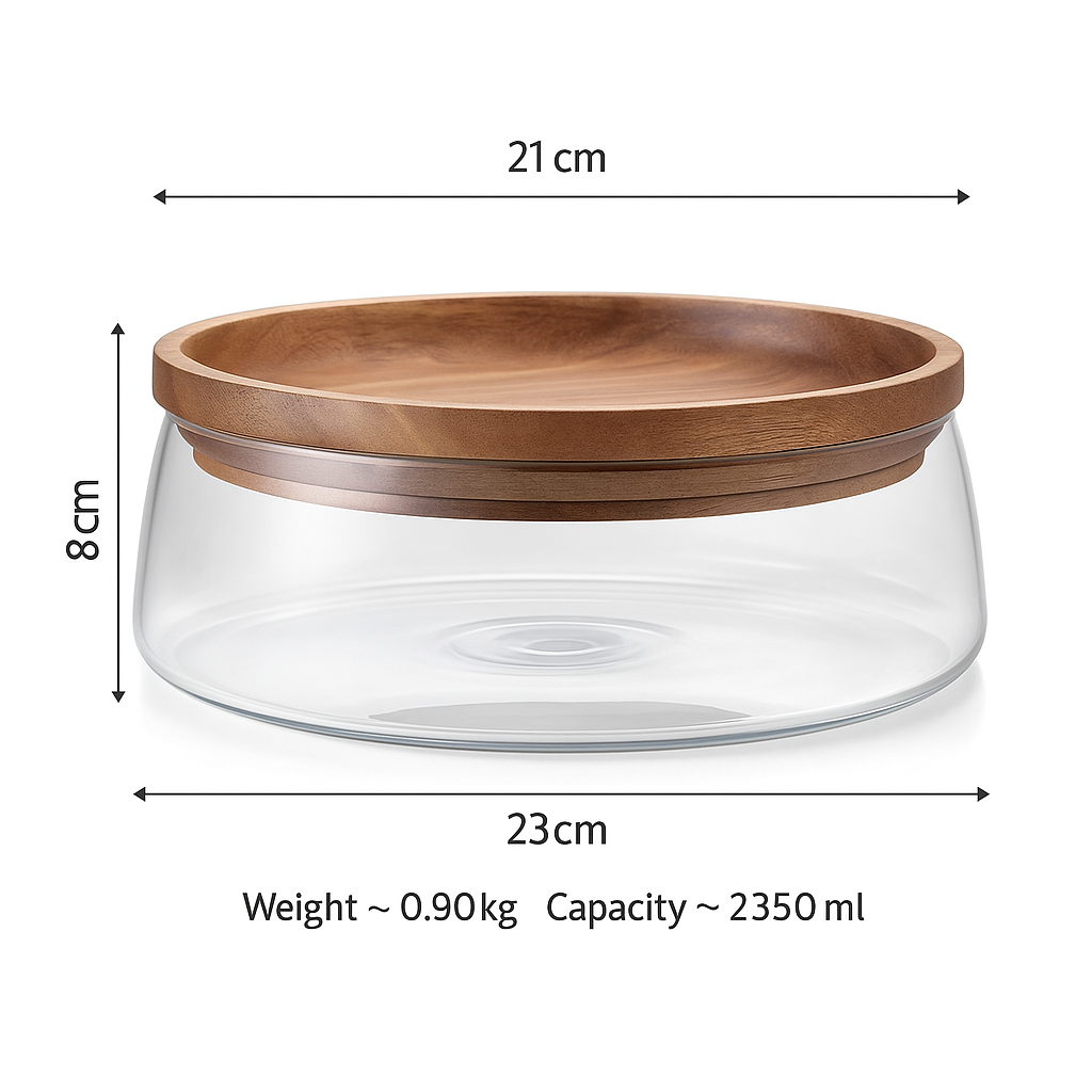 Minimalist glass food jar with round wooden lid – modern kitchen decor