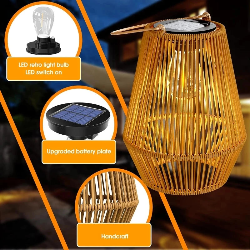 Wicker lantern with solar panel and LED light bulb on a dark background